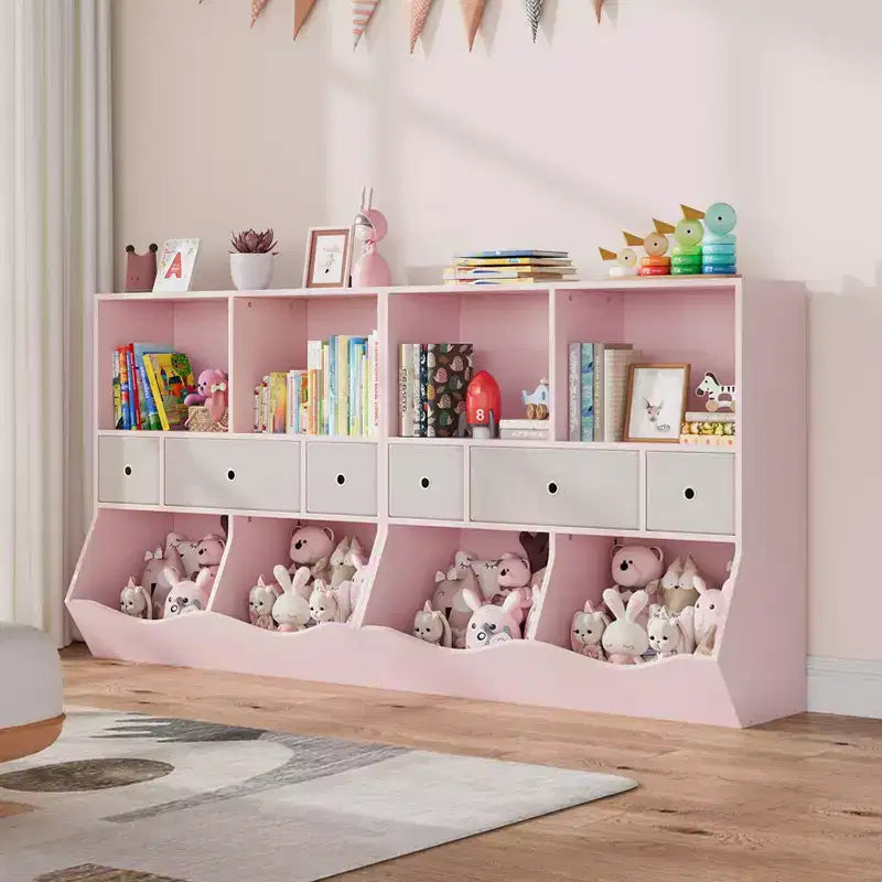 Meuble de rangement pour jouets, 2 sets d'étagères 7 casiers pour enfants, en bois rose, avec 3 tiroirs, meuble de rangement 3 niveaux