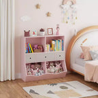 Meuble de rangement pour jouets, 2 sets d'étagères 7 casiers pour enfants, en bois rose, avec 3 tiroirs, meuble de rangement 3 niveaux