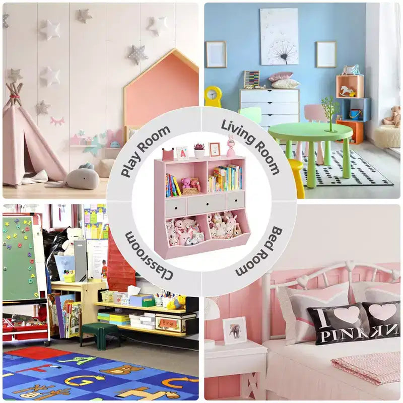 Meuble de rangement pour jouets, 2 sets d'étagères 7 casiers pour enfants, en bois rose, avec 3 tiroirs, meuble de rangement 3 niveaux