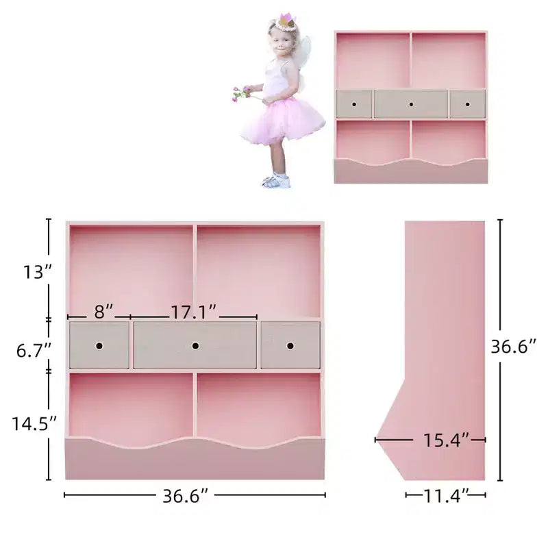 Meuble de rangement pour jouets, 2 sets d'étagères 7 casiers pour enfants, en bois rose, avec 3 tiroirs, meuble de rangement 3 niveaux