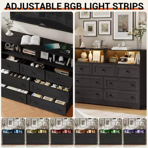 Commode en bois à 7 tiroirs avec station de recharge USB et lumières LED - Coiffeuse moderne avec 2 niches ouvertes pour chambre à coucher, salon, placard ou chambre d'enfant