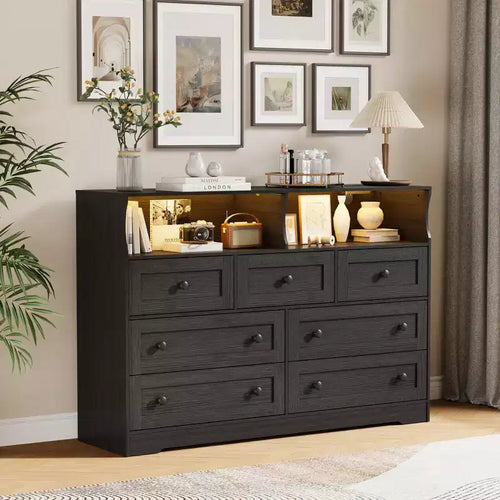 7-Drawer Wooden Dresser with USB Charging Station & LED Lights - Modern Chest with 2 Open Cubbies for Bedroom, Living Room, Closet, or Kids' Room