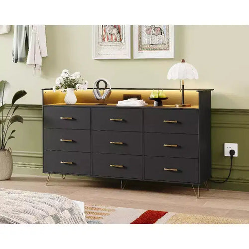 Commode en bois à 9 tiroirs avec lumières LED et station de charge, commode en bois avec contrôle par application, meuble de rangement pour salon, placard