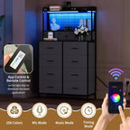 Commode, commode intelligente avec 11 tiroirs en tissu, station de recharge intégrée et RVB contrôlable par application, style industriel blanc