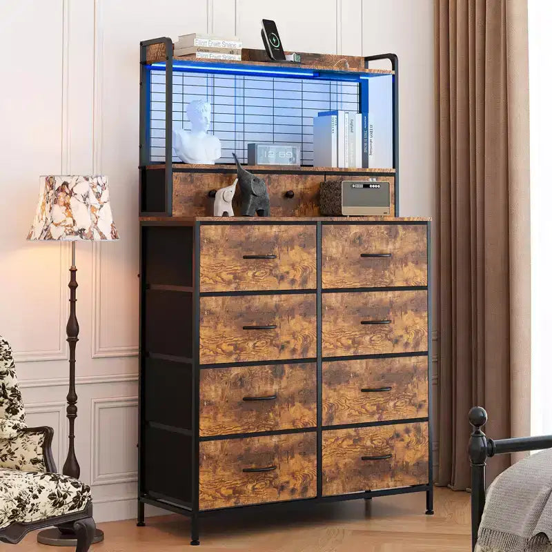 Commode, commode intelligente avec 11 tiroirs en tissu, station de recharge intégrée et RVB contrôlable par application, style industriel blanc
