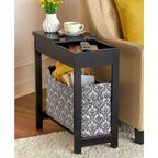 The Lakeside Collection Narrow Wood Side Table with Flip-Top and Fabric Storage Bin -