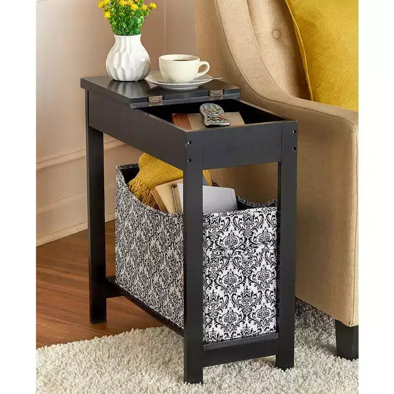 The Lakeside Collection Narrow Wood Side Table with Flip-Top and Fabric Storage Bin -