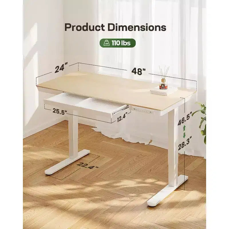 Bureau debout Marsail 48 x 24 pouces avec tiroir, plateau monobloc, bureau électrique réglable en hauteur avec ports de chargement USB