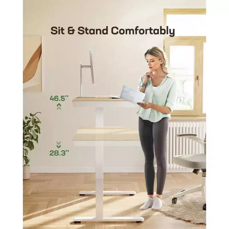 Bureau debout Marsail 48 x 24 pouces avec tiroir, plateau monobloc, bureau électrique réglable en hauteur avec ports de chargement USB