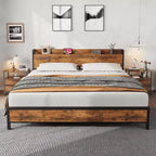 King Size Bed Frame with Storage Headboard, Industrial King Bed Platform, No Box Spring Needed Easy Assemble Mattress Foundation - Rustic Brown