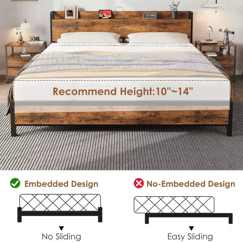 Cadre de lit King Size avec tête de lit de rangement, plateforme de lit King industrielle, pas besoin de sommier tapissier, assemblage facile, support de matelas - Marron rustique