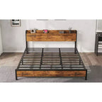 Cadre de lit King Size avec tête de lit de rangement, plateforme de lit King industrielle, pas besoin de sommier tapissier, assemblage facile, support de matelas - Marron rustique