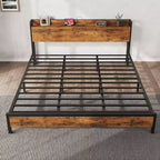 Cadre de lit King Size avec tête de lit de rangement, plateforme de lit King industrielle, pas besoin de sommier tapissier, assemblage facile, support de matelas - Marron rustique