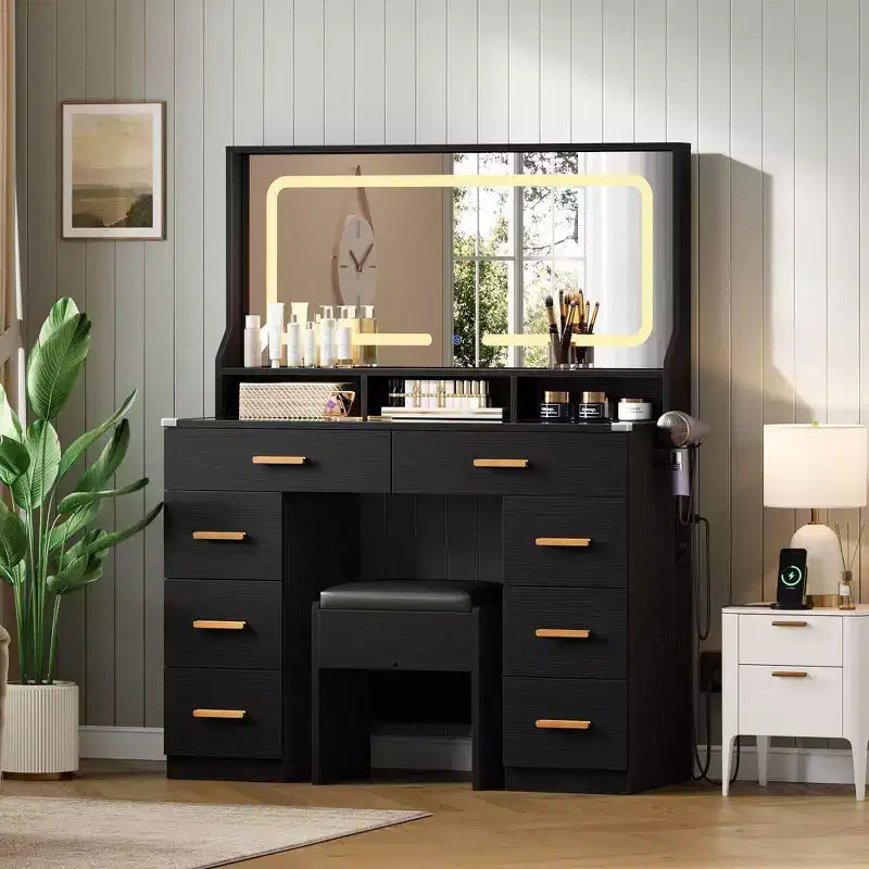 Coiffeuse de maquillage de 106 cm avec grand miroir et 8 tiroirs, table de toilette moderne avec plateau en verre, tabouret de rangement, pour chambre à coucher ou dressing