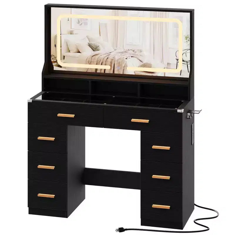 Coiffeuse de maquillage de 106 cm avec grand miroir et 8 tiroirs, table de toilette moderne avec plateau en verre, tabouret de rangement, pour chambre à coucher ou dressing