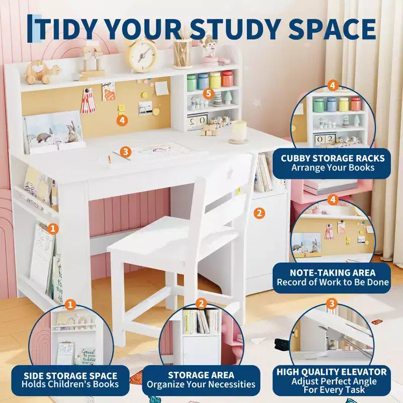 Ensemble bureau et chaise d'étude pour enfants, avec huche et plateau inclinable, table d'étude pour enfants, bureau d'écriture pour étudiants, pour chambre à coucher, maison