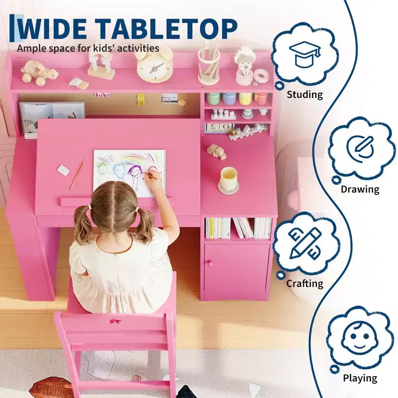 Ensemble bureau et chaise d'étude pour enfants, avec huche et plateau inclinable, table d'étude pour enfants, bureau d'écriture pour étudiants, pour chambre à coucher, maison