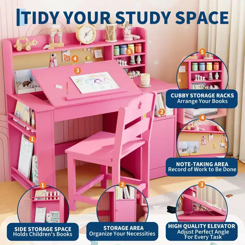Ensemble bureau et chaise d'étude pour enfants, avec huche et plateau inclinable, table d'étude pour enfants, bureau d'écriture pour étudiants, pour chambre à coucher, maison