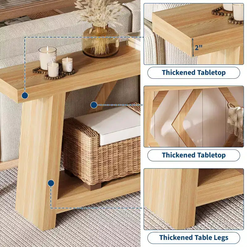Console en bois de 180 cm, table de canapé ultra-stable avec pieds trapézoïdaux derrière le canapé, table d'entrée extra longue à 2 niveaux pour couloir et salon