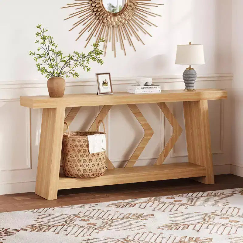 Console en bois de 180 cm, table de canapé ultra-stable avec pieds trapézoïdaux derrière le canapé, table d'entrée extra longue à 2 niveaux pour couloir et salon