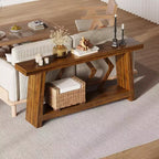 Console en bois de 180 cm, table de canapé ultra-stable avec pieds trapézoïdaux derrière le canapé, table d'entrée extra longue à 2 niveaux pour couloir et salon