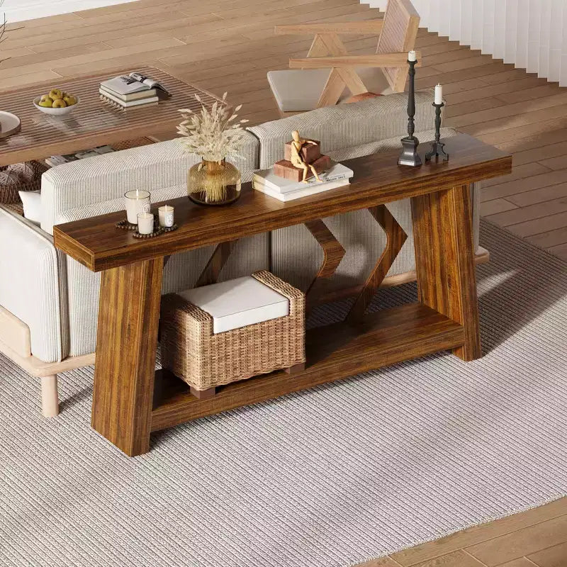 Console en bois de 180 cm, table de canapé ultra-stable avec pieds trapézoïdaux derrière le canapé, table d'entrée extra longue à 2 niveaux pour couloir et salon