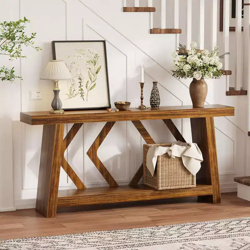 Console en bois de 180 cm, table de canapé ultra-stable avec pieds trapézoïdaux derrière le canapé, table d'entrée extra longue à 2 niveaux pour couloir et salon