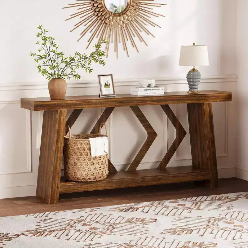 Console en bois de 180 cm, table de canapé ultra-stable avec pieds trapézoïdaux derrière le canapé, table d'entrée extra longue à 2 niveaux pour couloir et salon