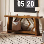 Console en bois de 180 cm, table de canapé ultra-stable avec pieds trapézoïdaux derrière le canapé, table d'entrée extra longue à 2 niveaux pour couloir et salon
