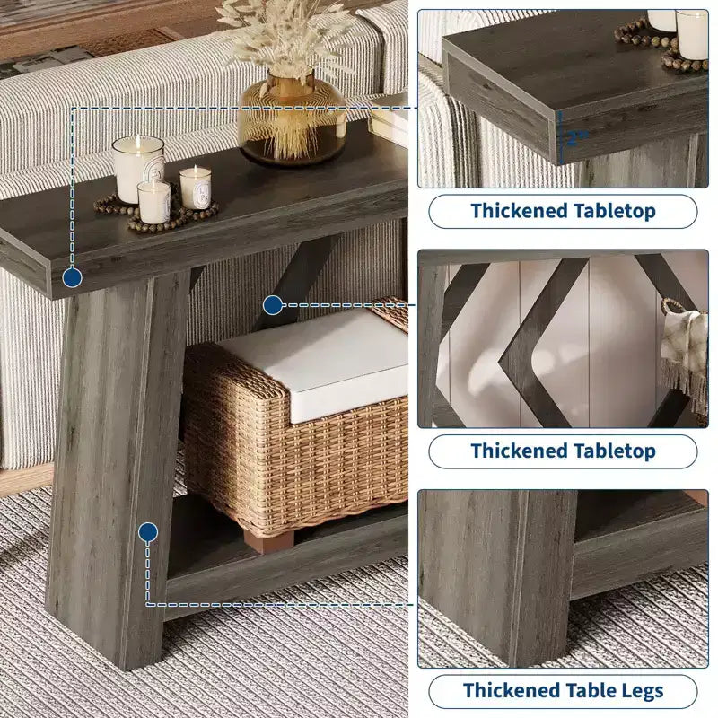 Console en bois de 180 cm, table de canapé ultra-stable avec pieds trapézoïdaux derrière le canapé, table d'entrée extra longue à 2 niveaux pour couloir et salon