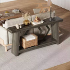 Console en bois de 180 cm, table de canapé ultra-stable avec pieds trapézoïdaux derrière le canapé, table d'entrée extra longue à 2 niveaux pour couloir et salon