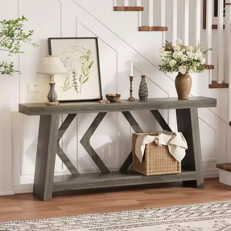 Console en bois de 180 cm, table de canapé ultra-stable avec pieds trapézoïdaux derrière le canapé, table d'entrée extra longue à 2 niveaux pour couloir et salon
