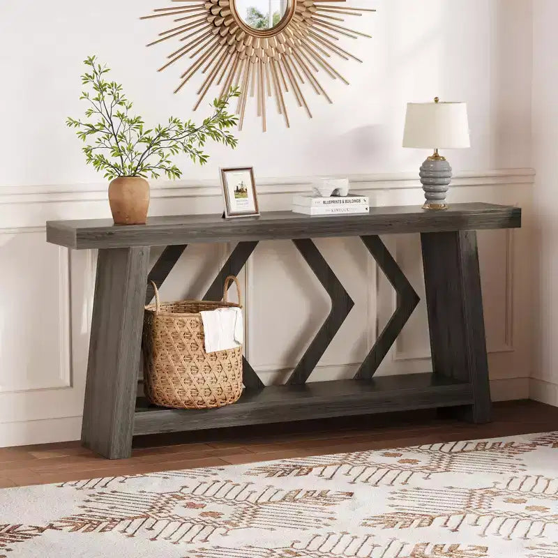Console en bois de 180 cm, table de canapé ultra-stable avec pieds trapézoïdaux derrière le canapé, table d'entrée extra longue à 2 niveaux pour couloir et salon