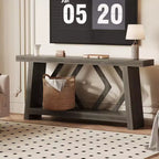 Console en bois de 180 cm, table de canapé ultra-stable avec pieds trapézoïdaux derrière le canapé, table d'entrée extra longue à 2 niveaux pour couloir et salon