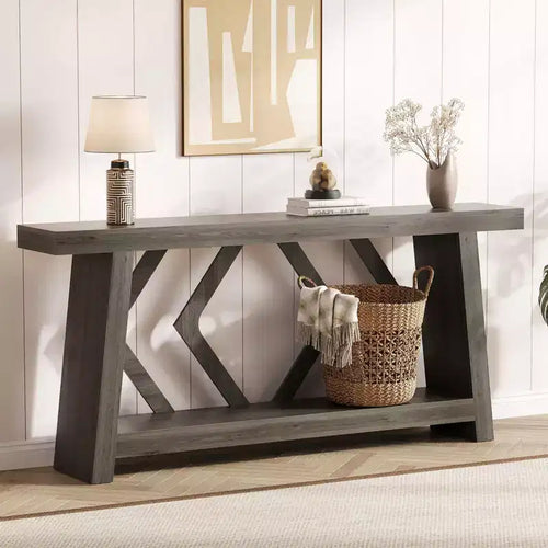 70.9 Inch All-Wood Console Table, Ultra-Stable Trapezoid Leg Sofa Table Behind Couch, 2-Tier Extra Long Entryway Table for Hallway, Living Room