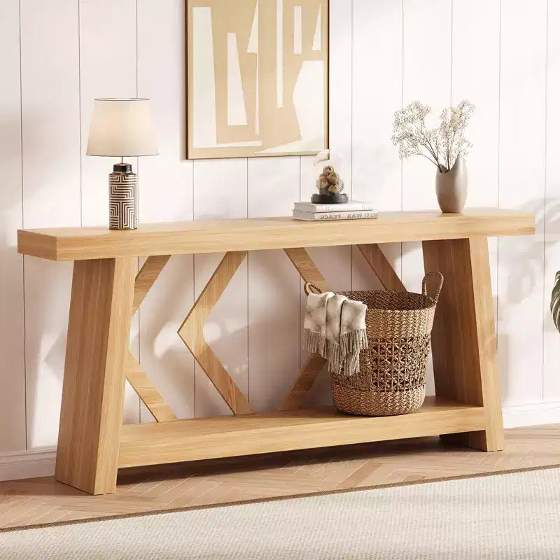 Console en bois de 180 cm, table de canapé ultra-stable avec pieds trapézoïdaux derrière le canapé, table d'entrée extra longue à 2 niveaux pour couloir et salon