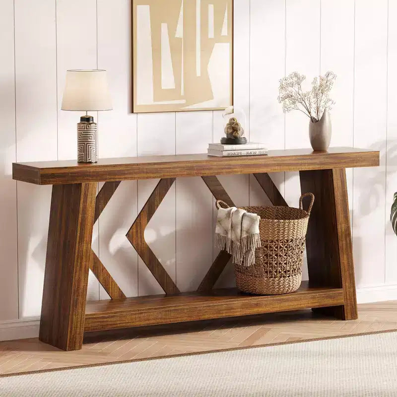 Console en bois de 180 cm, table de canapé ultra-stable avec pieds trapézoïdaux derrière le canapé, table d'entrée extra longue à 2 niveaux pour couloir et salon