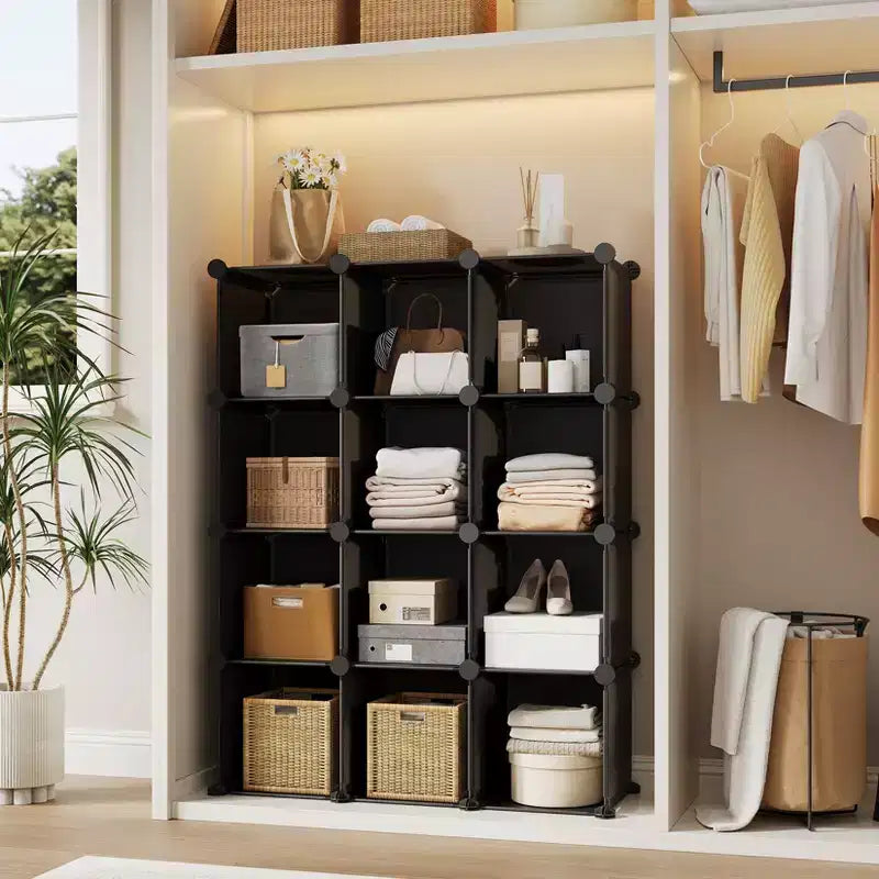 Lot de 12 Organiseurs de Rangement Modulaires, Unité d'Étagères Empilables en Plastique et Acier à 6 Cubes avec Kit de Sécurité Anti-Basculement, pour Placard, Chambre et Bureau Personnalisés