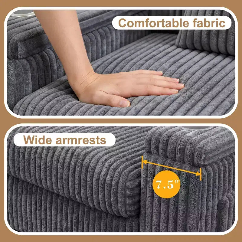 Canapé de rangement Dyonery 91 pouces pour deux personnes – Un canapé douillet et moelleux en velours côtelé pour deux, doté de ports de chargement USB et de porte-gobelets.