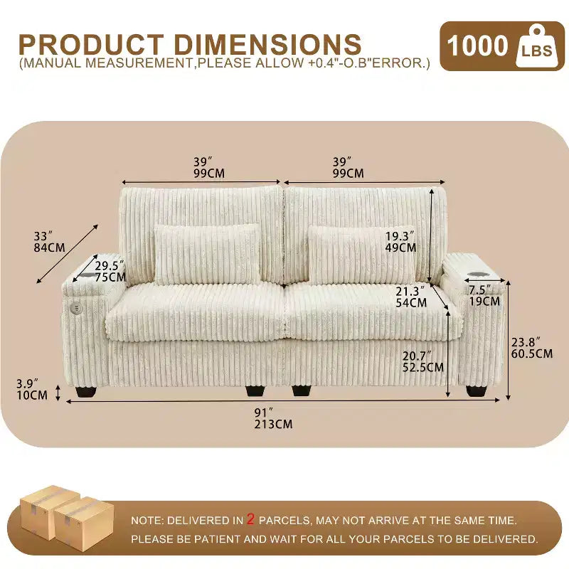 Canapé de rangement Dyonery 91 pouces pour deux personnes – Un canapé douillet et moelleux en velours côtelé pour deux, doté de ports de chargement USB et de porte-gobelets.