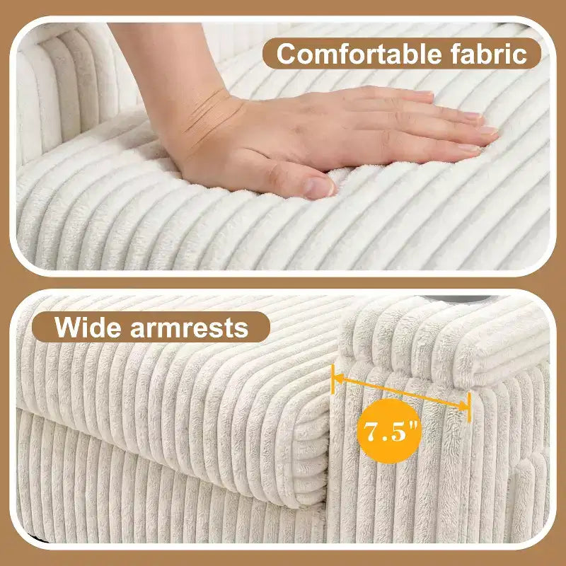 Canapé de rangement Dyonery 91 pouces pour deux personnes – Un canapé douillet et moelleux en velours côtelé pour deux, doté de ports de chargement USB et de porte-gobelets.