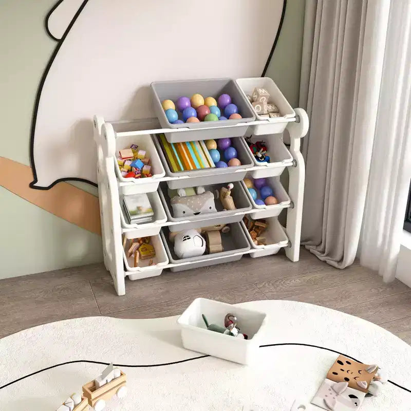 Meuble de Rangement pour Jouets d'Enfants avec 12 Bacs, Ensemble de Meubles de Crèche Multifonctionnels avec Étagères en PEHD (Gris-Blanc)