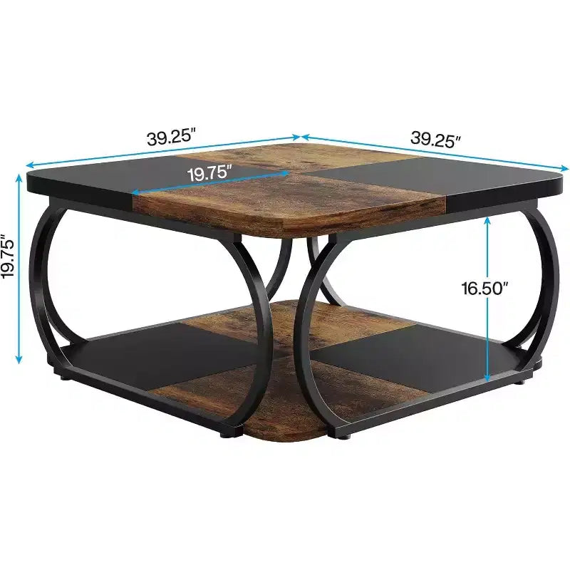 Table basse carrée Lantine 40 pouces avec 2 niveaux, table basse de ferme avec étagère de rangement pour le salon, noir marron rustique
