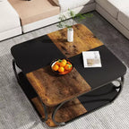 Table basse carrée Lantine 40 pouces avec 2 niveaux, table basse de ferme avec étagère de rangement pour le salon, noir marron rustique