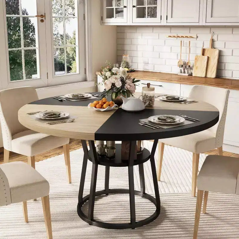 Table à manger ronde de 47 pouces pour 4 personnes, table de salle à manger circulaire de style ferme, meubles de cuisine et de salle à manger en bois peu encombrants, tables rondes