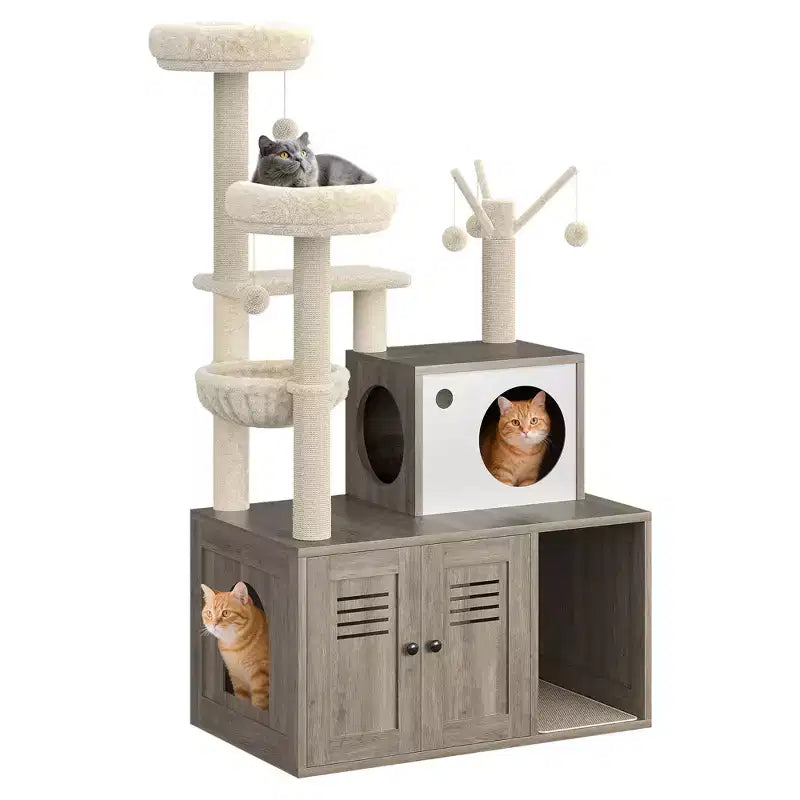 Meuble Cache-Litière pour Chat, Arbre à Chat Multi-Niveaux avec Poteaux à Griffer, Condo pour Chat avec Hamac et Panier, Meuble pour Chat d'Intérieur avec Bac à Litière Caché