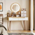 Makeup Vanity with LED Lights, 4 Drawers & 3 Shelves, Solid Wood Frame