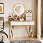 Makeup Vanity with LED Lights, 4 Drawers & 3 Shelves, Solid Wood Frame
