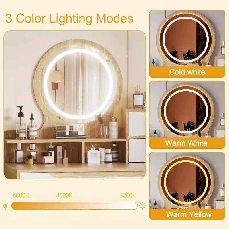 Coiffeuse avec lumières LED, 4 tiroirs et 3 étagères, cadre en bois massif