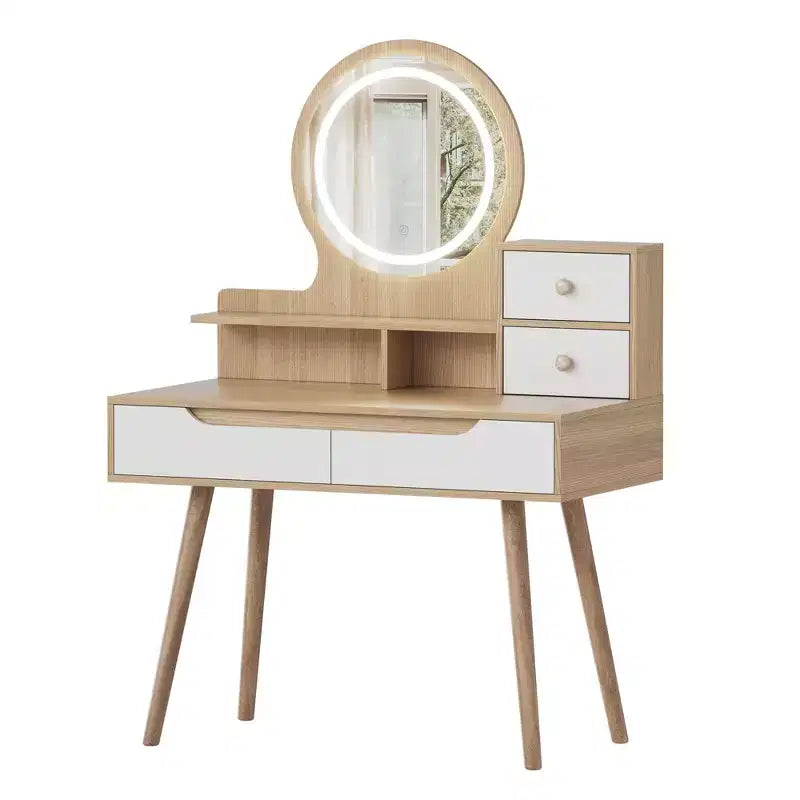 Coiffeuse avec lumières LED, 4 tiroirs et 3 étagères, cadre en bois massif